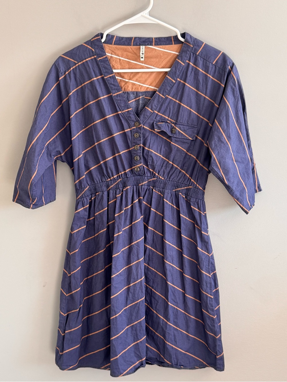 Arbor Organic Cotton Striped V-Neck Roll Tab Sleeve Dress Medium